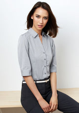 Ladies Trend 3/4 Sleeve Shirt in Silver, Size 18, featuring a pin dot pattern, Y-line placket, and curved hem for stylish comfort.