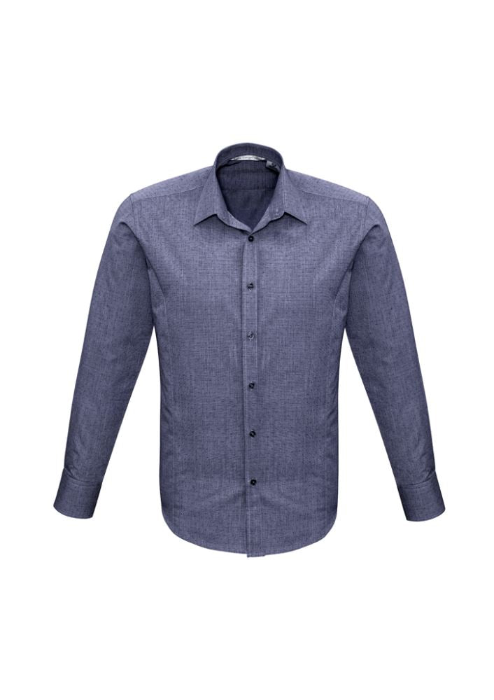 Men's Midnight Blue Long Sleeve Shirt with pin dot pattern, tailored fit, adjustable cuffs, perfect for stylish versatility.