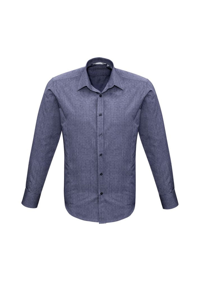 Men's Midnight Blue Long Sleeve Shirt with pin dot pattern, tailored fit, adjustable cuffs, perfect for stylish versatility.