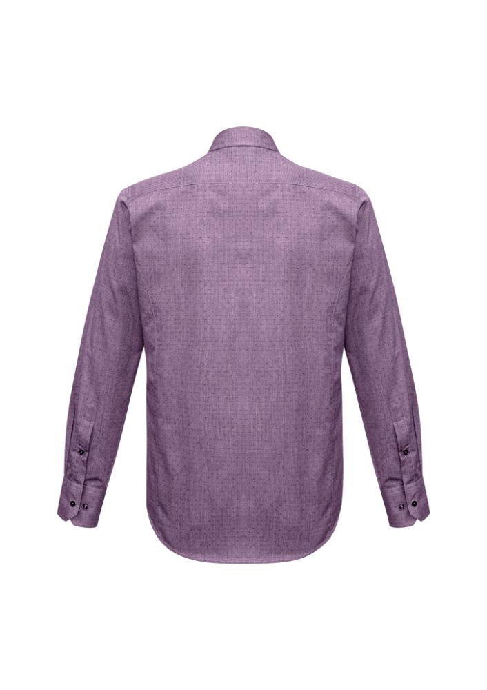 Men's plum long sleeve shirt with pin dot pattern, narrow collar, twin back pleats, and adjustable cuffs for stylish comfort.