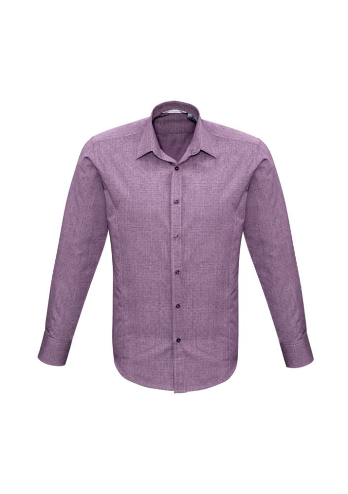 Men's plum long sleeve shirt with pin dot texture, tailored fit, adjustable cuffs, and curved hem, perfect for smart-casual style.