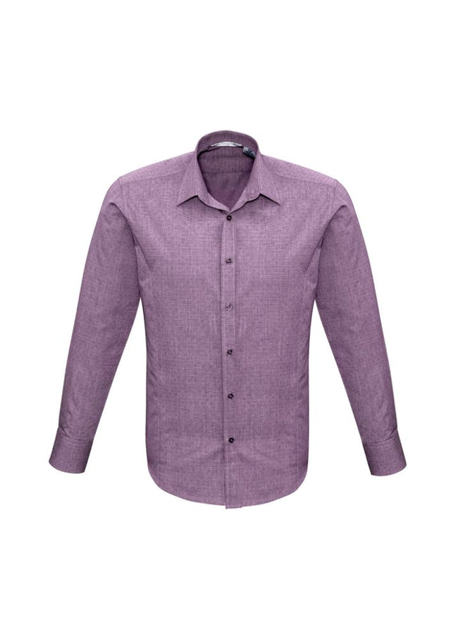 Men's plum long sleeve shirt with pin dot pattern, tailored fit, narrow collar, and adjustable cuffs by Biz Collection.