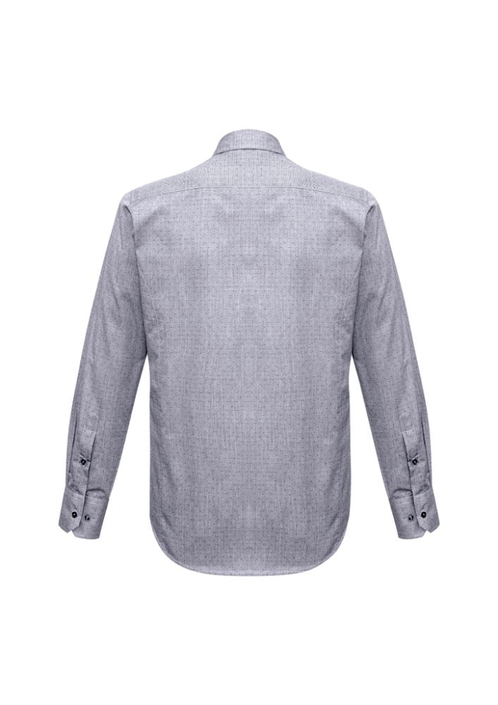Men's silver long sleeve shirt by Biz Collection, featuring a pin dot pattern, narrow collar, and adjustable cuffs in size L.