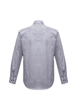 Men's silver long sleeve shirt by Biz Collection, featuring a pin dot pattern, narrow collar, and adjustable cuffs in size L.