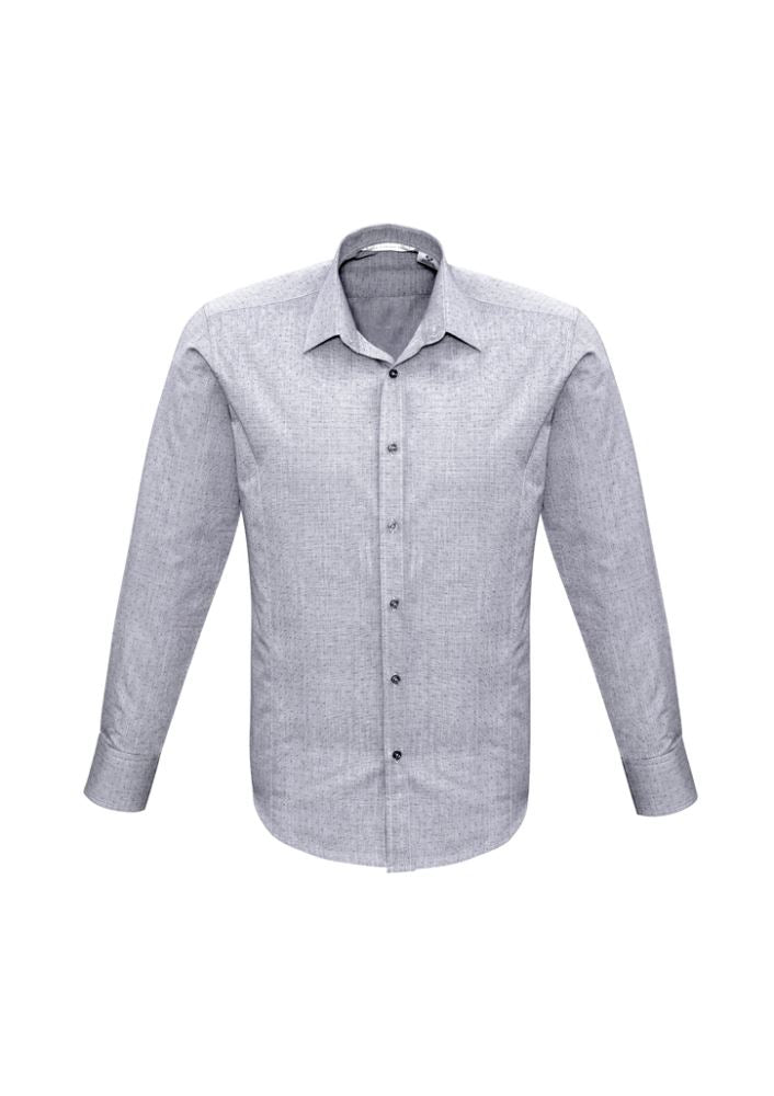 Men's silver long sleeve shirt by Biz Collection, featuring a pin dot pattern, adjustable cuffs, and a curved hem for versatile styling.