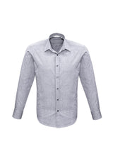 Men's silver long sleeve shirt by Biz Collection, featuring a pin dot pattern, adjustable cuffs, and a curved hem for versatile styling.