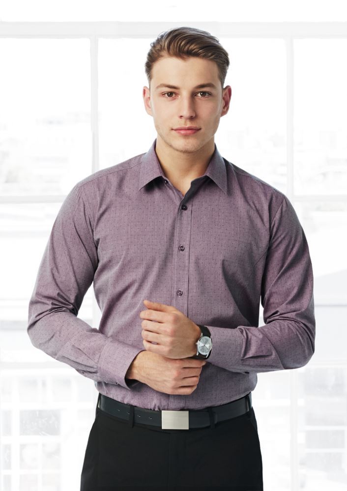 Men's silver long sleeve shirt by Biz Collection, featuring pin dot pattern, adjustable cuffs, and curved hem for versatile style.