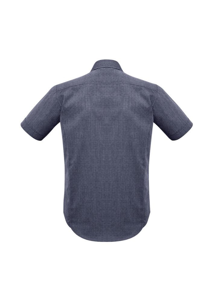Men's short sleeve shirt in Midnight Blue, featuring pin dot pattern, narrow collar, and curved hem for versatile styling.