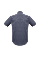Men's short sleeve shirt in Midnight Blue, featuring pin dot pattern, narrow collar, and curved hem for versatile styling.