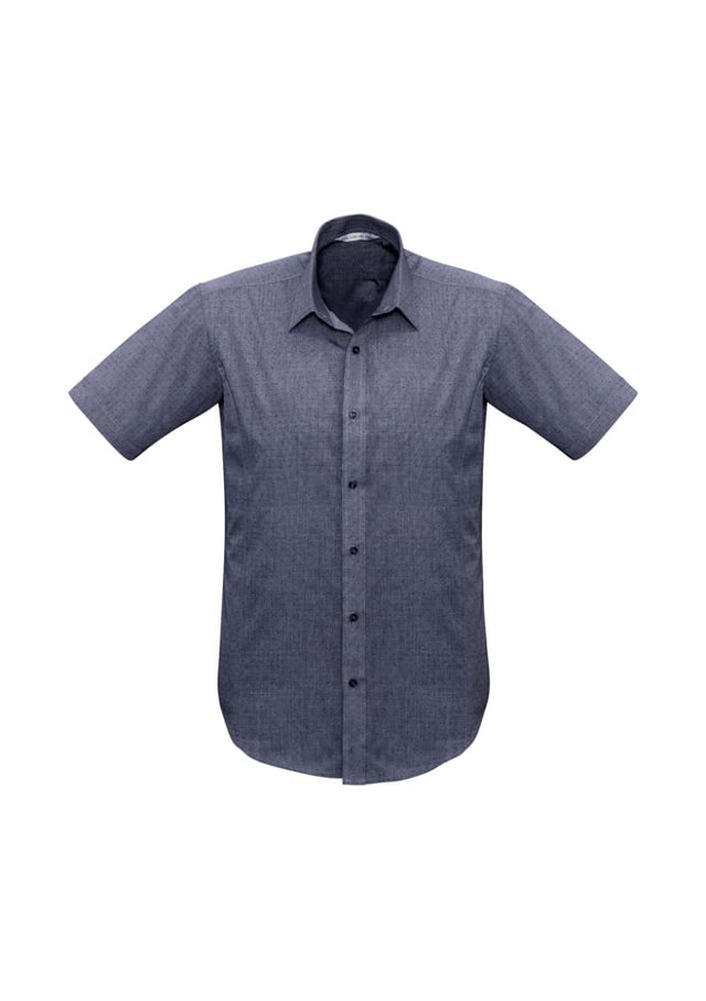 Men's Trend Short Sleeve Shirt in Midnight Blue, 5XL, featuring pin dot pattern, narrow collar, and versatile curved hem.