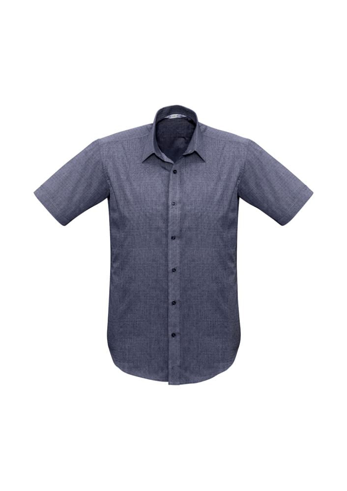 Men's Trend Short Sleeve Shirt in Midnight Blue, Size S, featuring a pin dot pattern, narrow collar, and curved hem design.
