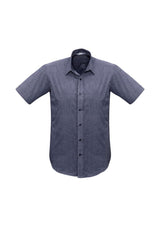 Men's Trend Short Sleeve Shirt in Midnight Blue, Size S, featuring a pin dot pattern, narrow collar, and curved hem design.