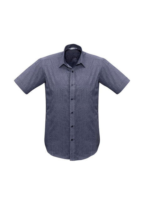 Midnight blue men's short sleeve shirt with pin dot pattern, narrow collar, and curved hem, perfect for smart-casual wear.