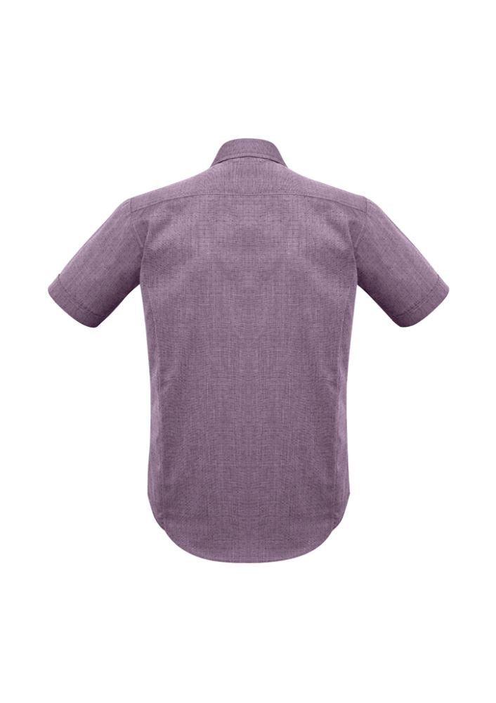 Men's plum short sleeve shirt with pin dot pattern, narrow collar, and curved hem, ideal for casual or professional wear.