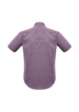 Men's plum short sleeve shirt with pin dot pattern, narrow collar, and curved hem, ideal for casual or professional wear.