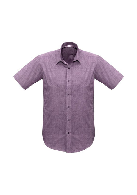Men's plum short sleeve shirt from Biz Collection, featuring a yarn-woven pin dot pattern, narrow collar, and curved hem.