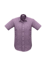 Men's plum short sleeve shirt with pin dot pattern, narrow collar, and curved hem for versatile styling, size S from Biz Collection.
