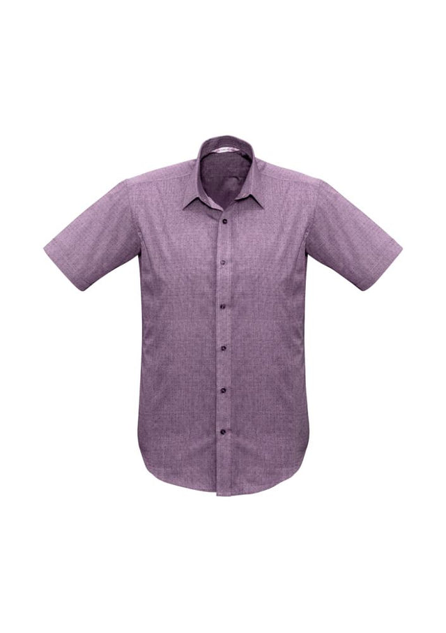 Men's plum short sleeve shirt with pin dot pattern, narrow collar, and curved hem for versatile styling, size S from Biz Collection.