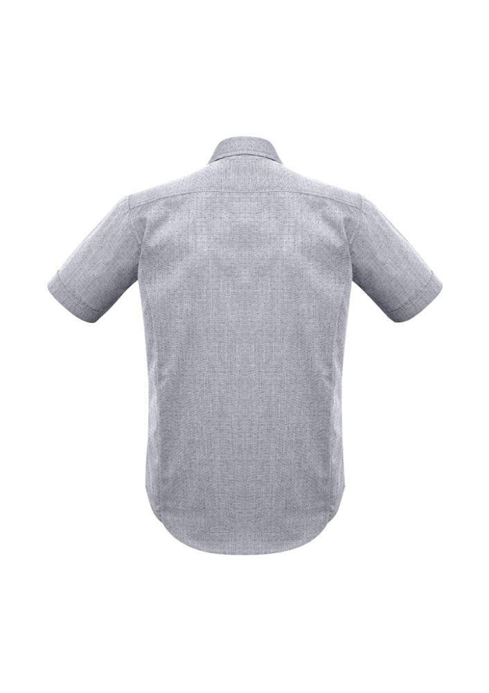 Stylish silver short sleeve shirt for men, made with a soft cotton-polyester blend and featuring a pin dot pattern.