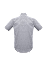 Stylish silver short sleeve shirt for men, made with a soft cotton-polyester blend and featuring a pin dot pattern.