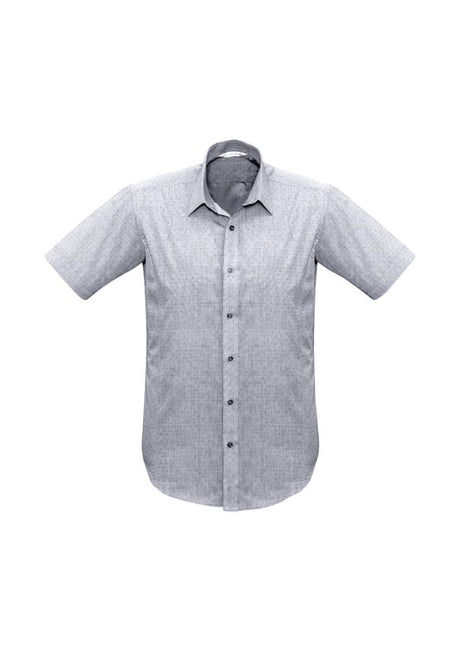 Silver short sleeve shirt for men, size M, featuring pin dot pattern, narrow collar, and tailored fit for casual or smart occasions.