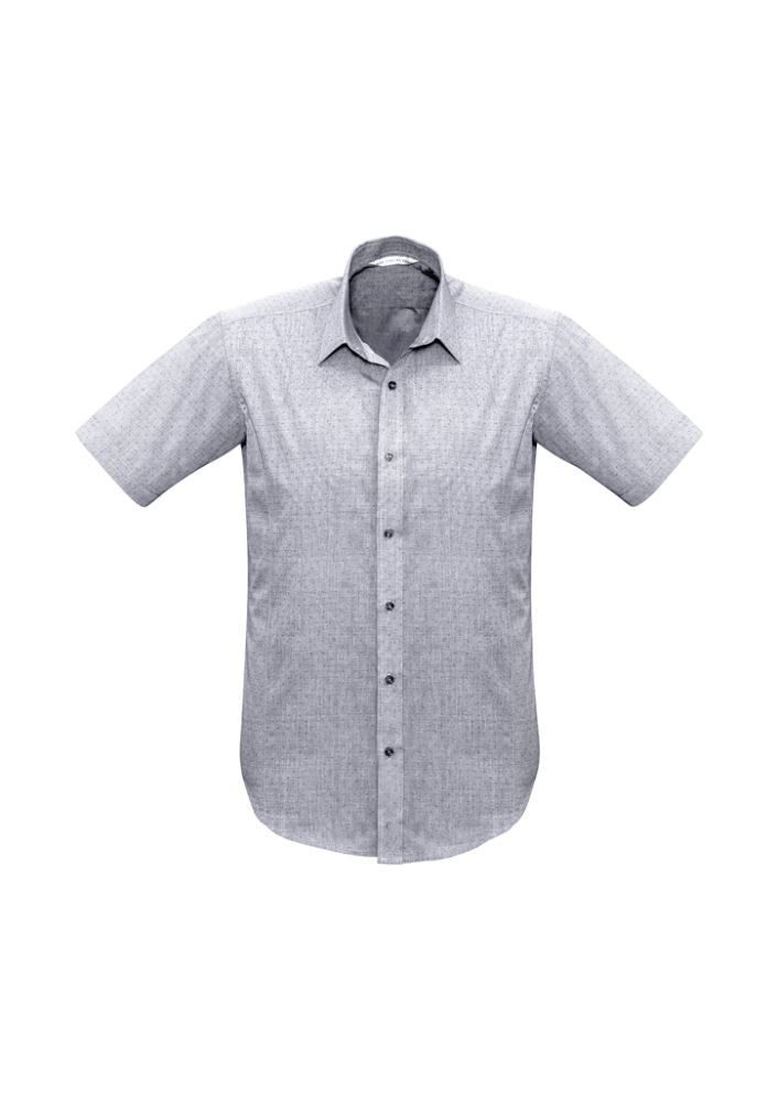 Stylish silver short sleeve shirt for men in size XL, featuring a pin dot pattern, narrow collar, and versatile curved hem.