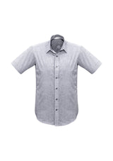 Stylish silver short sleeve shirt for men in size XL, featuring a pin dot pattern, narrow collar, and versatile curved hem.