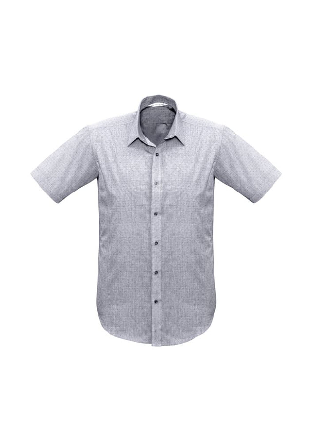 Stylish silver short sleeve shirt for men in size XL, featuring a pin dot pattern, narrow collar, and versatile curved hem.
