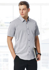 Men's Trend Short Sleeve Shirt in Midnight Blue, size S, featuring a pin dot pattern, tailored fit, and versatile curved hem.