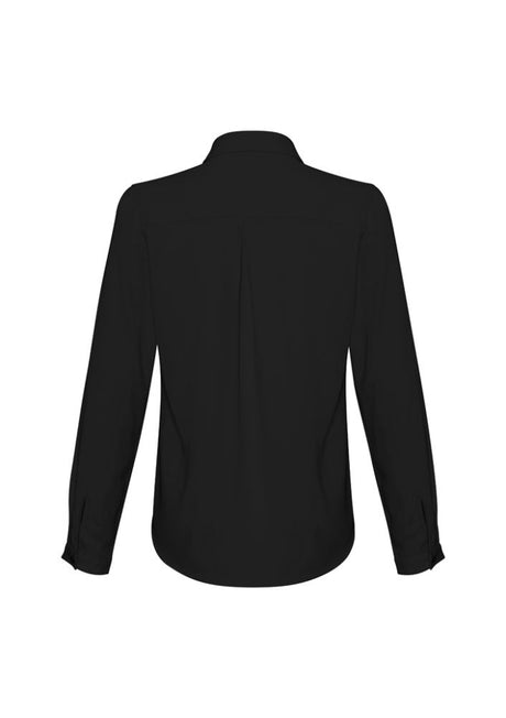 Ladies Madison Long Sleeve blouse in black, made of 100% Mechanical Stretch Polyester, offering flexible comfort for any occasion.