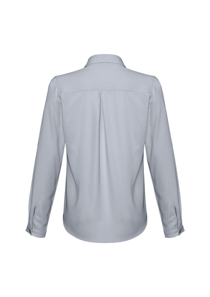 Ladies Madison Long Sleeve blouse in Silver Mist, Size 26, featuring 100% Mechanical Stretch Polyester for all-day comfort.