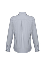Ladies Madison Long Sleeve blouse in Silver Mist, size 8, featuring mechanical stretch polyester for ultimate comfort and style.