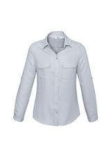 Ladies Madison Long Sleeve Blouse in Silver Mist, size 6, featuring 100% mechanical stretch polyester for comfort and versatility.