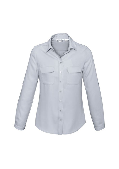 Ladies Madison Long Sleeve Blouse in Silver Mist, size 6, featuring 100% mechanical stretch polyester for comfort and versatility.