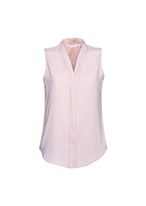 Ladies Madison Sleeveless top in blush pink, Size 14, featuring a shawl collar and concealed buttons for elegant style.