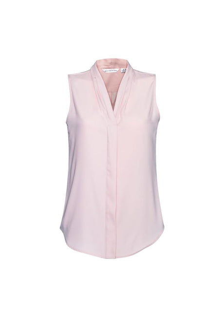 Ladies Madison Sleeveless top in blush pink, Size 14, featuring a shawl collar and concealed buttons for elegant style.
