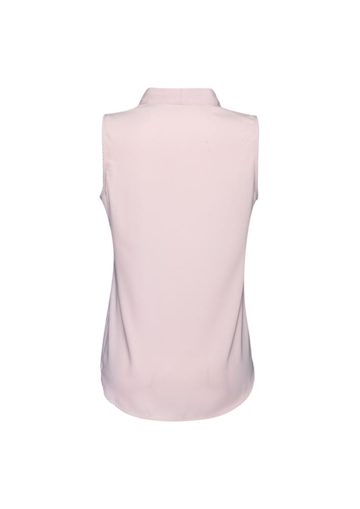 Blush pink sleeveless blouse with shawl collar and concealed buttons, perfect for casual or office wear, size 14.