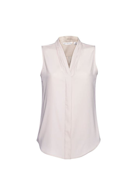 Ivory sleeveless blouse with shawl collar and concealed buttons, perfect for stylish comfort in warm weather. Size 16.