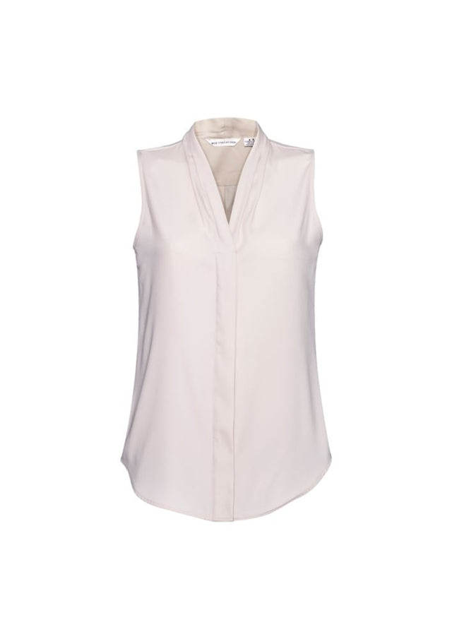 Ivory sleeveless blouse with shawl collar and concealed buttons, perfect for stylish comfort in warm weather. Size 16.