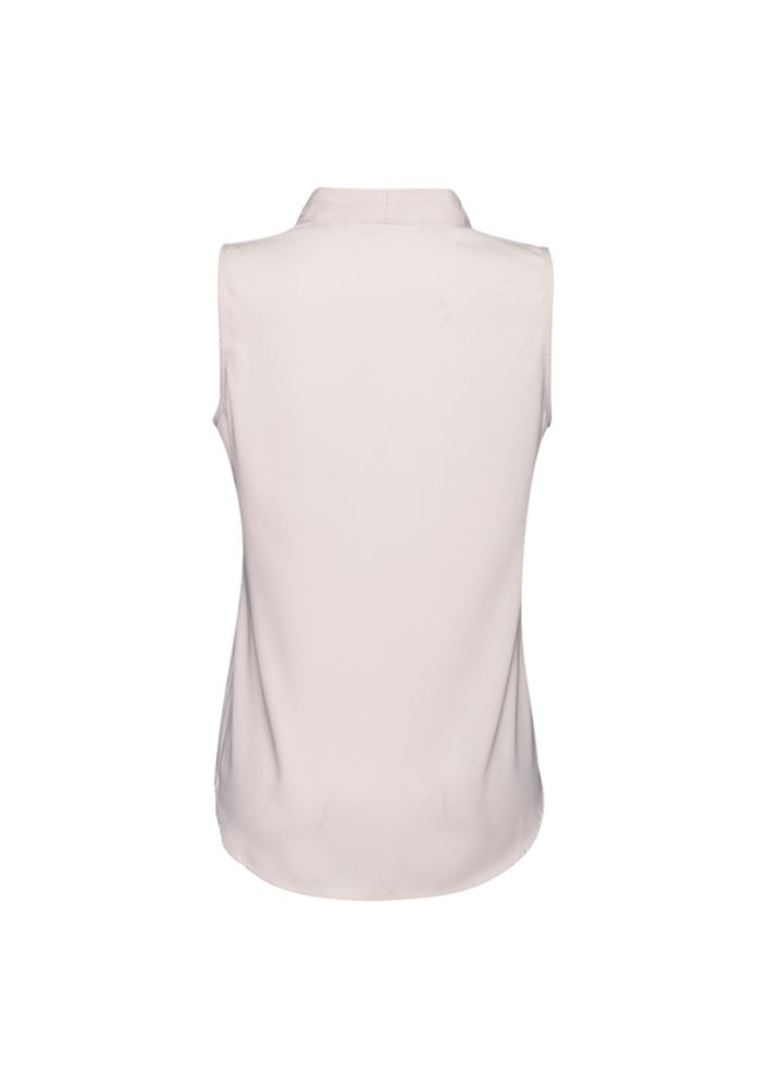Ladies Madison Sleeveless blouse in ivory, size 26, featuring a chic shawl collar and concealed buttons for effortless elegance.