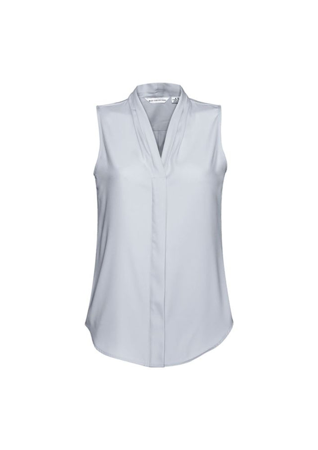 Elegant sleeveless blouse with shawl collar and concealed buttons, made from stretchy polyester, perfect for layering or solo wear.