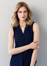 Ladies Madison Sleeveless Blouse in Black with shawl collar and hidden buttons, perfect for warm weather or layering.