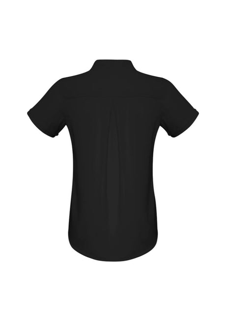 Ladies Madison Short Sleeve Blouse in Black, featuring easy-care polyester, secret button, and action back pleat for comfort and style.