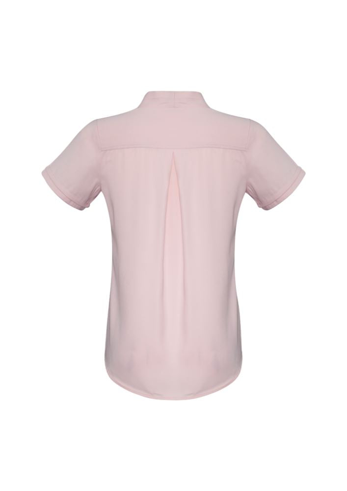 Ladies Madison Short Sleeve blouse in blush pink, size 18, featuring mechanical stretch fabric and a secret button for comfort.