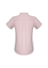 Ladies Madison Short Sleeve blouse in blush pink, size 18, featuring mechanical stretch fabric and a secret button for comfort.