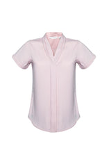 Blush pink short sleeve blouse for ladies, size 12, featuring a secret button and action back pleat for comfort and style.