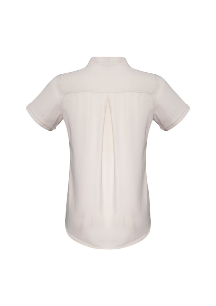Ivory short sleeve blouse for women, size 24, featuring stretchy fabric, secret button, and action back pleat for comfort.