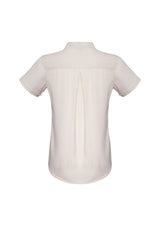 Ivory short sleeve blouse for women, size 24, featuring stretchy fabric, secret button, and action back pleat for comfort.
