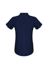 Ladies Madison Short Sleeve blouse in midnight blue, featuring a secret button closure and action back pleat for comfort and style.