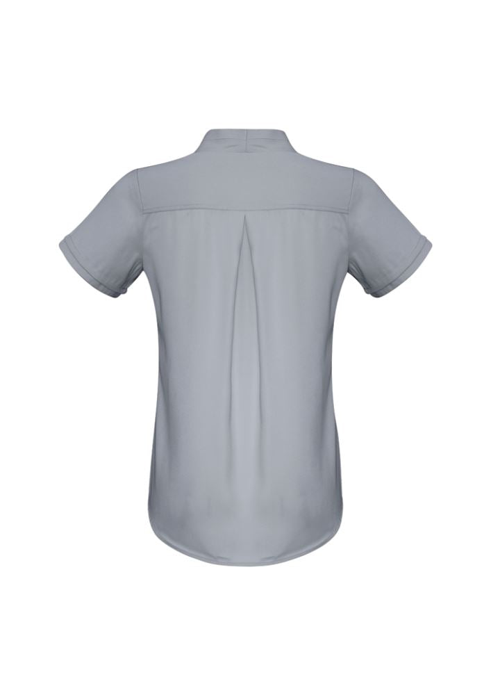 Stylish Ladies Madison Short Sleeve blouse in stretch polyester, featuring a secret button and action back pleat for comfort and ease.